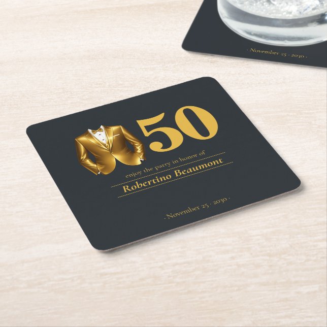 Men's Elegant Tuxedo Gold Black 50th Birthday Rechteckiger Pappuntersetzer (angewinkelt)