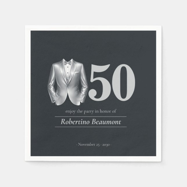 Men's Elegant Tuxedo Silver Black 50th Birthday Serviette (Vorderseite)