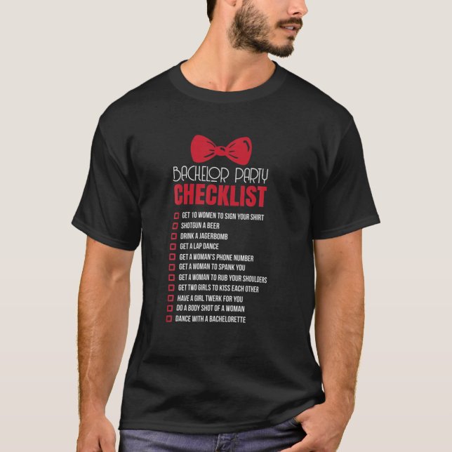 Mens Funny Bachelor Party Checklist Zitat T-Shirt (Vorderseite)