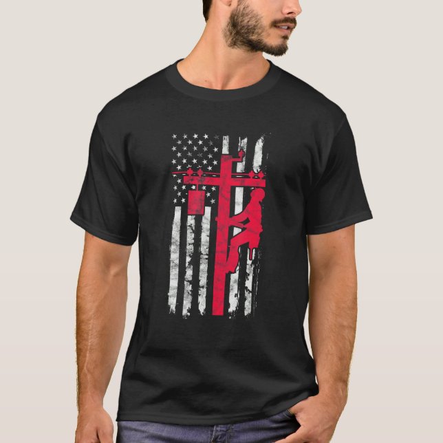 Mens Lineman USA American Flag Electrician Line Wo T-Shirt (Vorderseite)