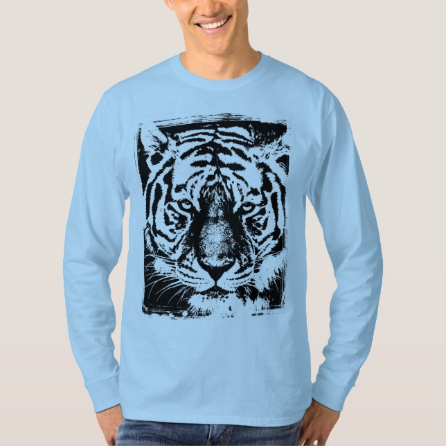 Mens Modern Long Sleeve Tiger Face Light Blue T-Shirt (Vorderseite)