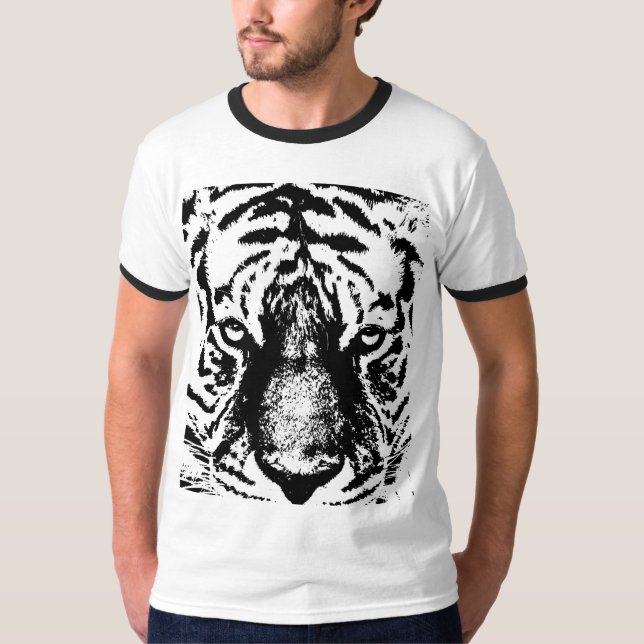 Mens Modern Ringer Black & White Tiger Face T-Shirt (Vorderseite)
