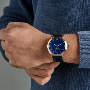 Mens Navy Blue Gold Monogram Black Leather Strap Armbanduhr