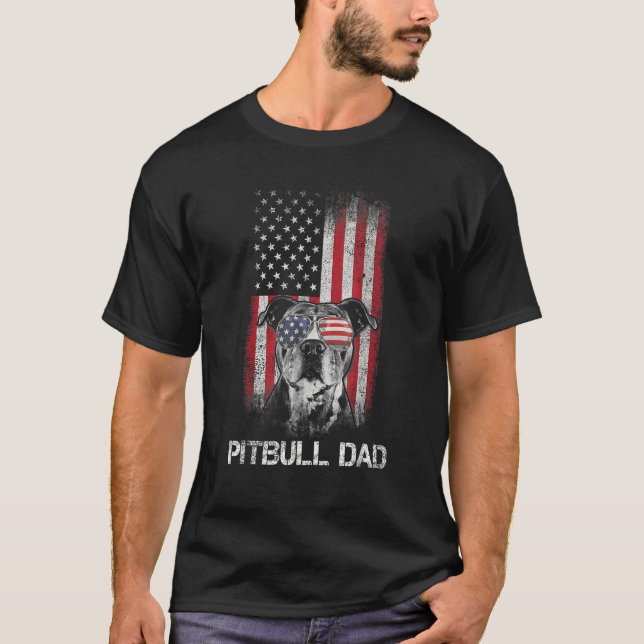 Mens Pitbull American Flag 4th Of July Pitbull Dad T-Shirt (Vorderseite)
