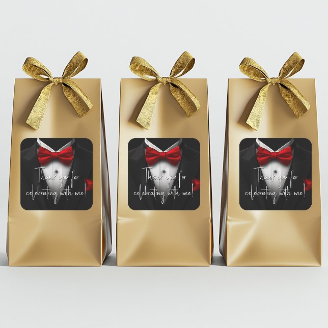 Mens Red Black Birthday Party Quadratischer Aufkleber (Red and black birthday party and event stickers with tuxedo and red bow tie. Add your text.)