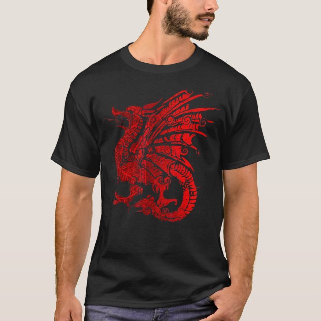Mens Red Fierce Dragon mit spitzen Flügeln und Man T-Shirt (Vorderseite)