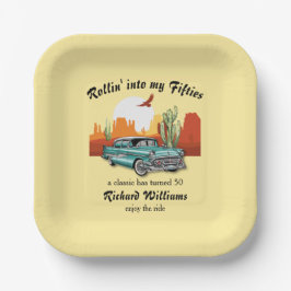 Men's Retro Classic Blue Car Desert 50th Birthday Pappteller