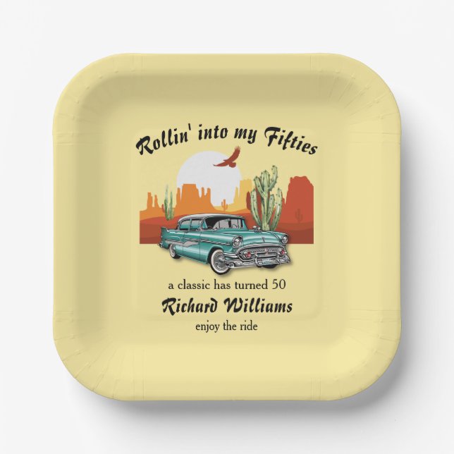 Men's Retro Classic Blue Car Desert 50th Birthday Pappteller (Vorderseite)