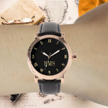 Mens Rose Gold Vintager Erstlederriemen Armbanduhr<br><div class="desc">Erstellen Sie Ihre eigenen, personalisierten, eleganten stilvollen coolen, einzigartigen klassischen Imitate Gold und schwarze Stunden, mit Monogramm, Männer Rose Gold Retro Vintage Look-Stil schwarzen Gurt-Uhr. Geben Sie einfach Ihren Namen / Monogramm / Initialen ein, um Ihre Wünsche anzupassen. Macht ein großartiges Geschenk, zum Geburtstag, Abschluss, Vatertag, Weihnachten, Feiertage, Hochzeit, Heiratsjubiläum,...</div>