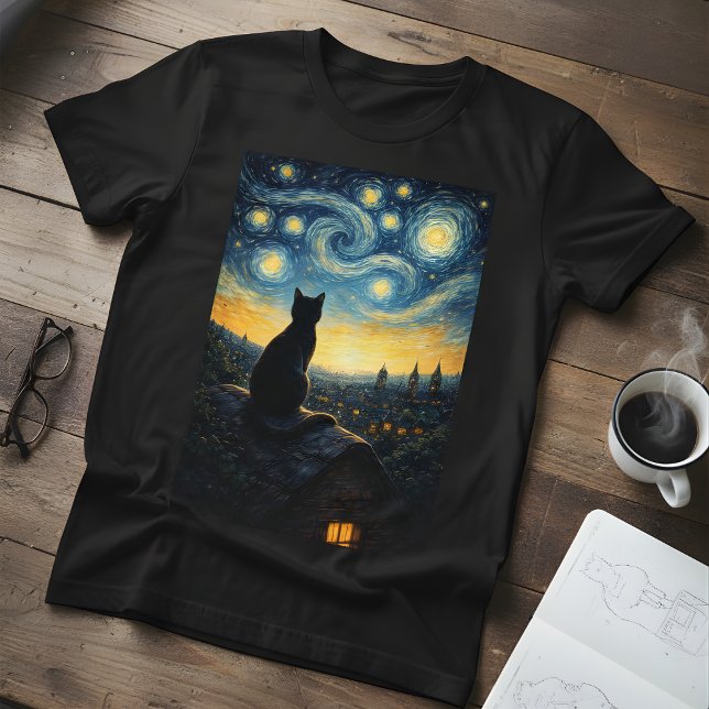 Men's Starry Night  Black Cat & Swirling Sky  T-Shirt (Von Creator hochgeladen)