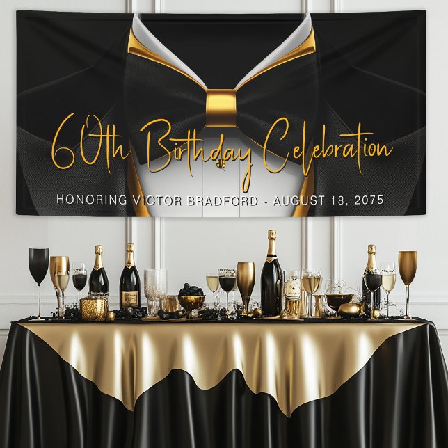 Mens Tuxedo Black Gold Geburtstagsparty Banner (Mens black and gold birthday party banner with tuxedo. Simply add your event details.)
