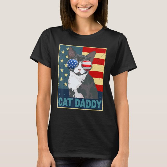 Mens Tuxedo Cat Daddy Dad Father Day  American Fla T-Shirt (Vorderseite)