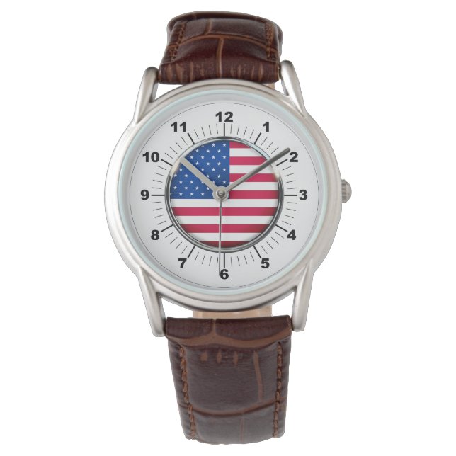Men's USA Flag Classic Brown Leather Strap Watch Armbanduhr (Vorderseite)
