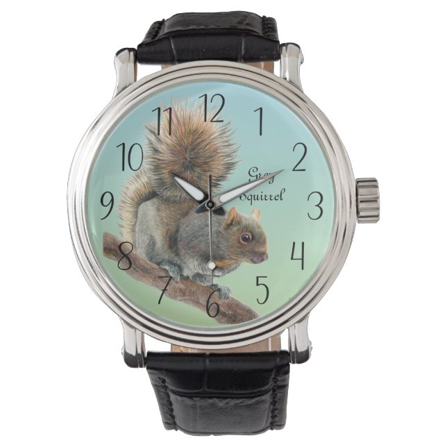 Mens Watercolor Wildlife Grau Eichhörnchen Beobach Armbanduhr (Vorderseite)