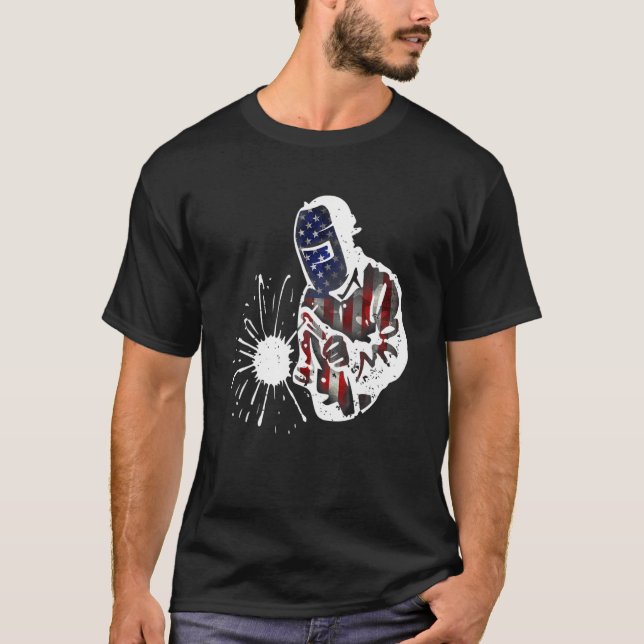Mens Welder erschütterte amerikanische Flagge der  T-Shirt (Vorderseite)