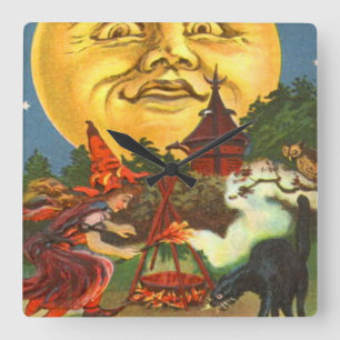 Mensch im Mond Schwarze Katze Hexe Vollmond Owl Quadratische Wanduhr