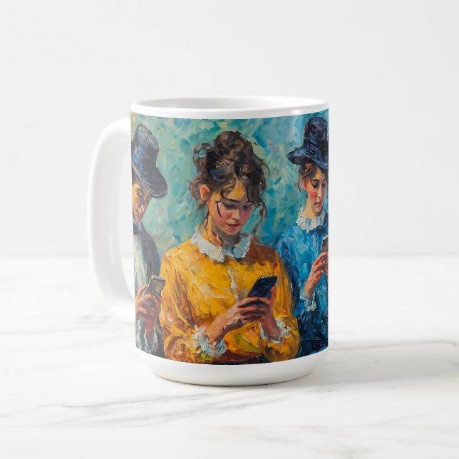 Menschen des 19. Jahrhunderts mit Smartphones Kaffeetasse (Vorderseite Links)