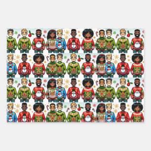 Menschen, die lustige Weihnachtssüßer tragen Geschenkpapier Set