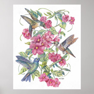 MENSCHENBIRDS MIT PINK-BLUME POSTER