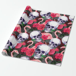 Menschlicher Schädel mit Flamingo- und roten Rosen Geschenkpapier