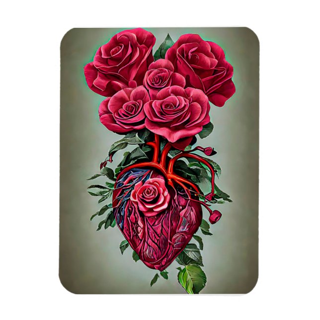 Menschliches Herz mit Rote Rose Blume surreale Kun Magnet (Vertikal)