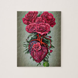Menschliches Herz mit Rote Rose Blume surreale Kun Puzzle