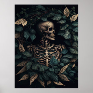Menschliches Skelett und dunkelgotische Blätter Poster