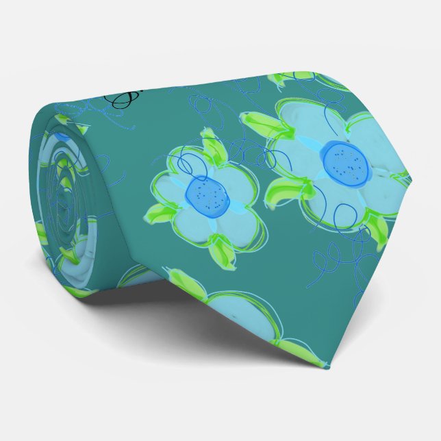 Menswear Flower Krawatte in Blue On Flower Aquamar (Gerollt)