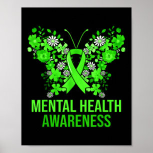 Mental Health Awareness Butterfly Green Ribbon Wom Poster