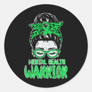 Mental Health Warrier Awareness Messy Bun Hair Gre Runder Aufkleber