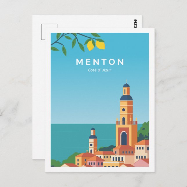 Menton Cote de Azur Travel Place Illustration Postkarte (Vorne/Hinten)