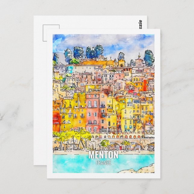 Menton France Famous Travel Place Watercolor Postkarte (Vorne/Hinten)