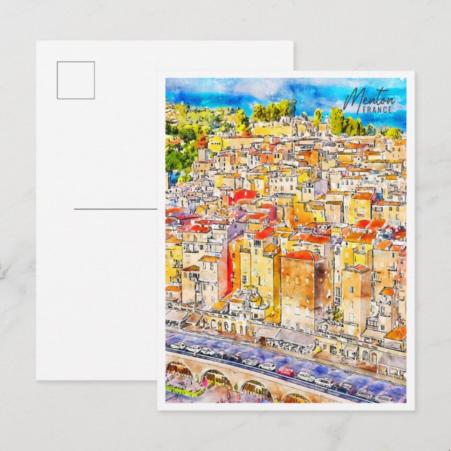 Menton France Vintage Reise Aquarell Postkarte (Vorne/Hinten)