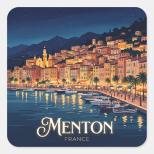 Menton-Wasserfront bei Nacht Frankreich Quadratischer Aufkleber