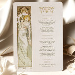 Menü Art Nouveau Wedding Dinner by Mucha Einladung<br><div class="desc">Fügen Sie Ihrem Hochzeitsempfang eine Touch von Eleganz und Eleganz hinzu. Das Aquarellwerk besticht durch eine der Mucha’s Muses, die ein Glas Champagner halten und so ein Gefühl von Luxus und Feier schaffen. Der Jugendstil zeichnet sich durch fließende Linien und Blumenmotive aus und eignet sich somit hervorragend für ein Hochzeitsmenü....</div>