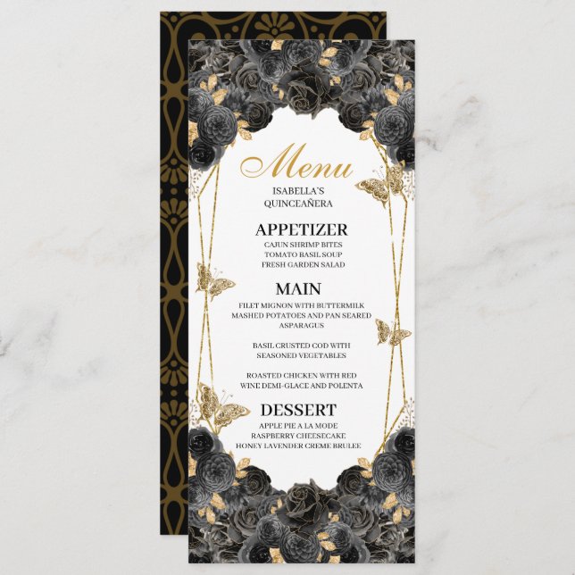 Menü "Black and Gold Floral Quinceanera" Einladung (Vorne/Hinten)