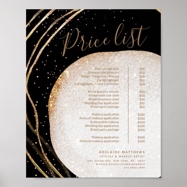 Menü "Black Gold Glitzer Stylist Salon Price List" Poster (Vorne)