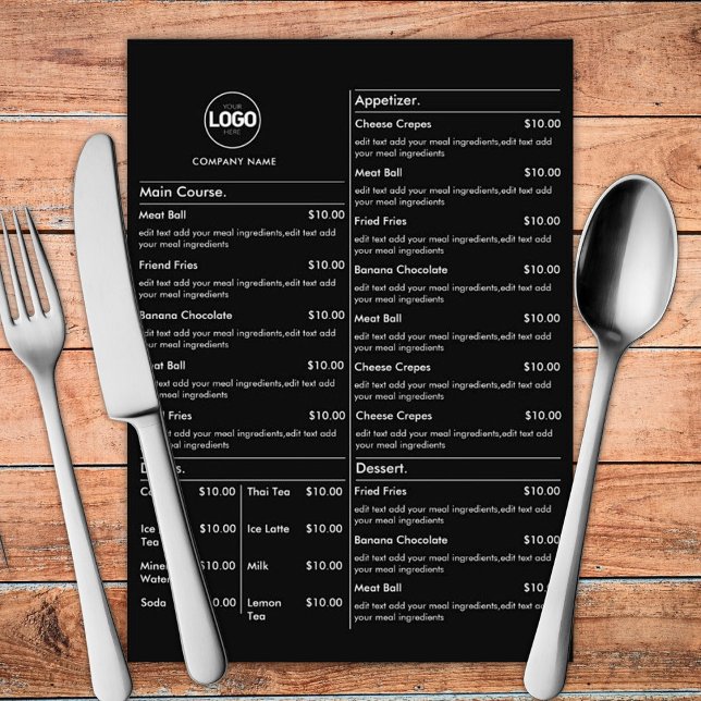 Menü "Black Restaurant Table Cards Flat Menu" Menükarte (Von Creator hochgeladen)
