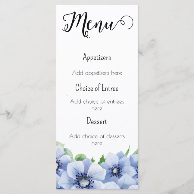 Menü "Blue Anemone" und "Eukalyptus" Menükarte (Vorderseite)