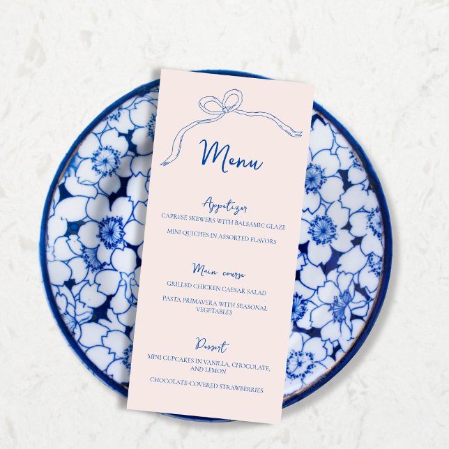 Menü Blue Bow Hand Drawing Brautparty Menükarte (Menu Blue Bow Hand Drawn Bridal Shower)