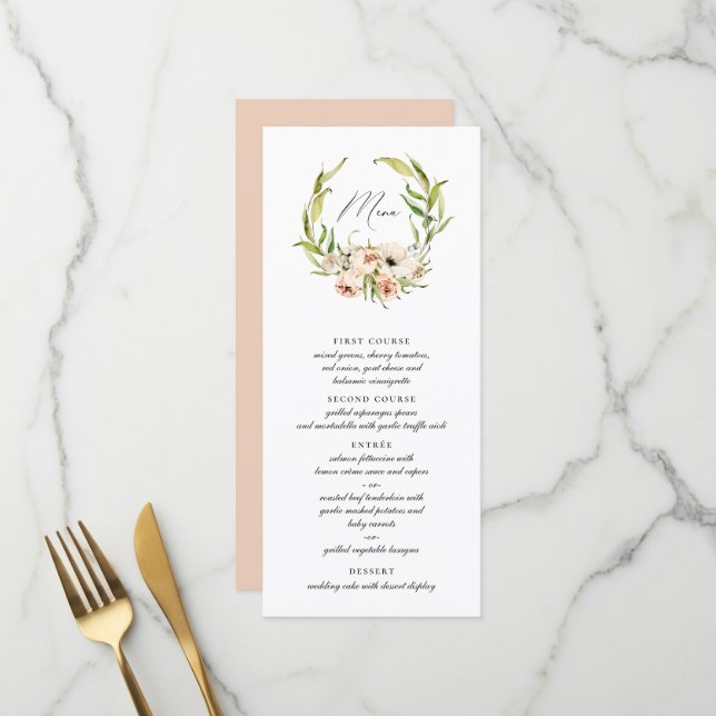 Menü "Botanischer Wald Floral Wreath Calligraphy" Menükarte (Vorderseite/Rückseite Beispiel)