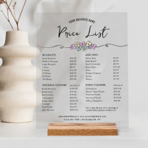Menü "Boutique Business Price List"
