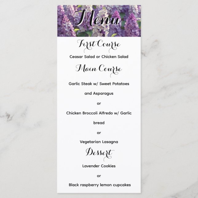 Menü "Custom Lavender Blume Wedding" Menükarte (Vorderseite)