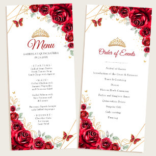 Menü des Red Gold Floral Quinceanera Programms Menükarte