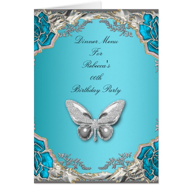 Menü Dinner Card Silver Blue Butterfly (Vorne)