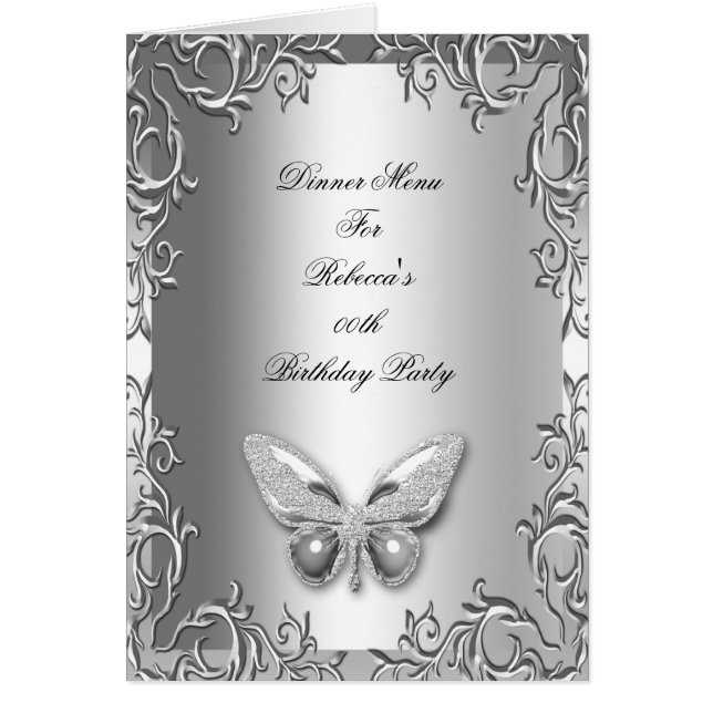Menü Dinner Card Silver Grau Butterfly Floral (Vorne)