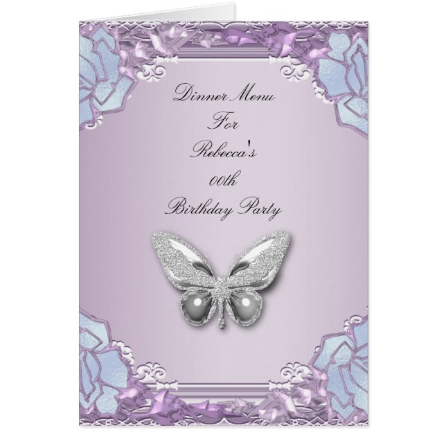 Menü Dinner Card Silver Lilac Mauve Butterfly (Vorne)