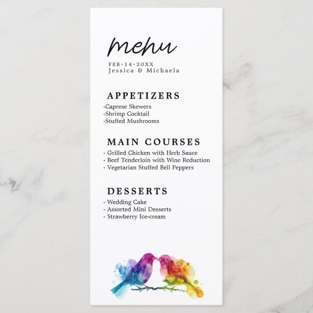 MENU + Drinks Rainbow Lovebirds Collection Menükarte (Vorderseite)