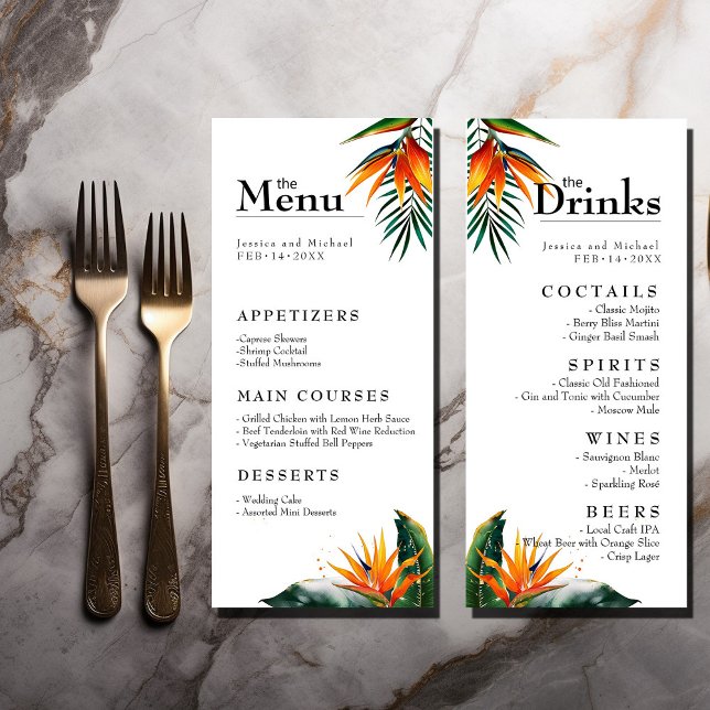 Menü & Drinks Vögel des Paradieses Bliss Menükarte (Birds of Paradise Bliss Wedding Menu and Drink card. Explore the whole collection. )