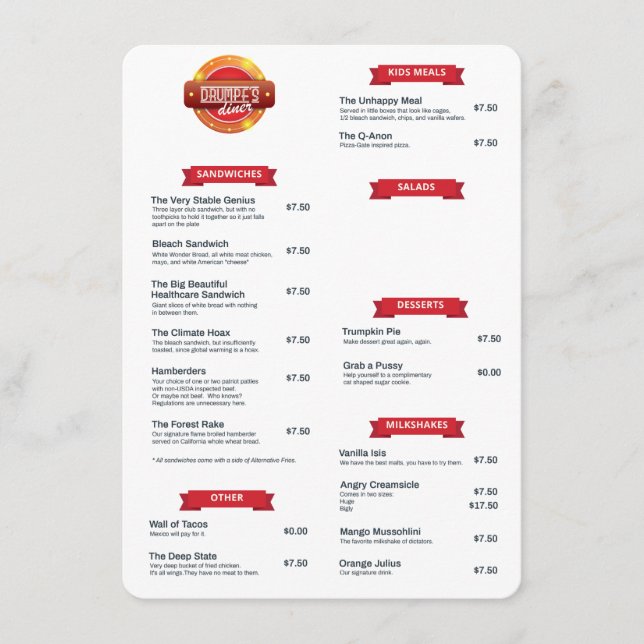 Menü "Drumpf's Diner" Menükarte (Vorderseite)